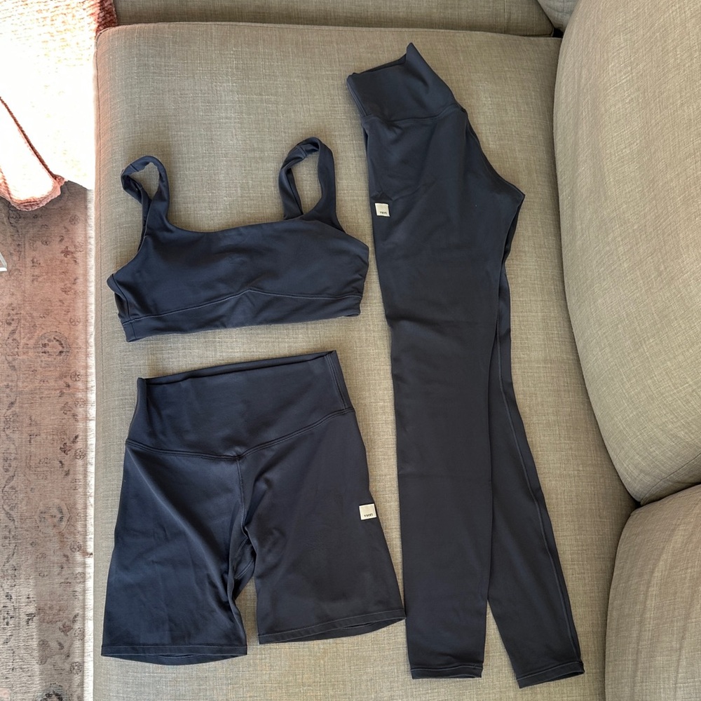 Vuori AllTheForm 3 piece set in azure - shorts leggings and sports bra